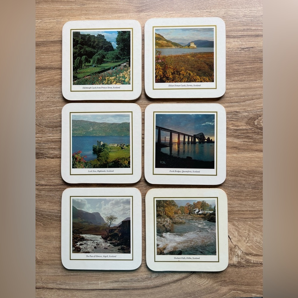 Vintage CLOVER LEAF Views of Scotland Table Mats Cork Back Coasters Set of 6